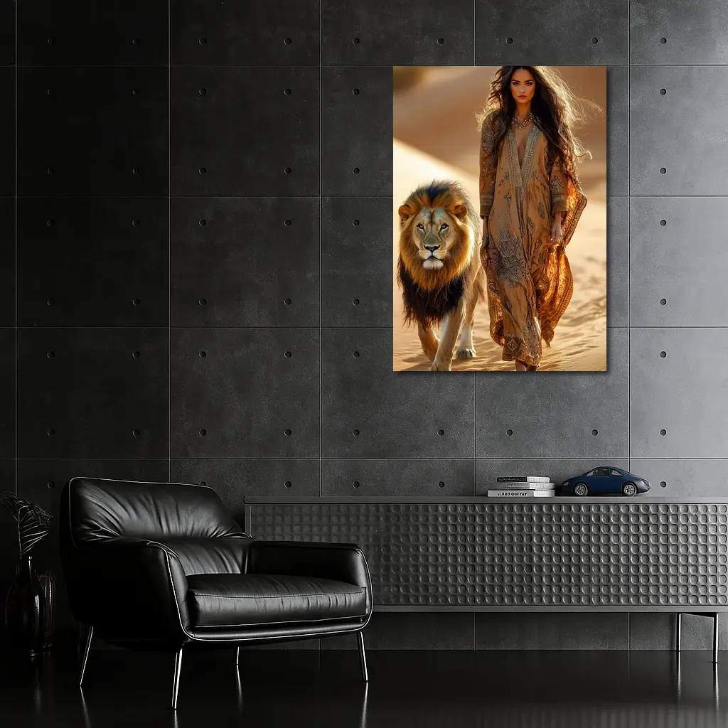 Woman Walking With Lion In Desert – Wall Art