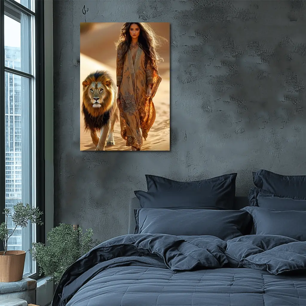 Woman Walking With Lion In Desert – Wall Art