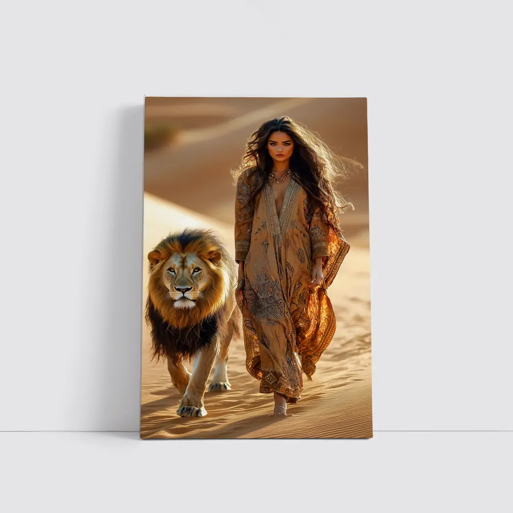 Woman Walking With Lion In Desert – Wall Art