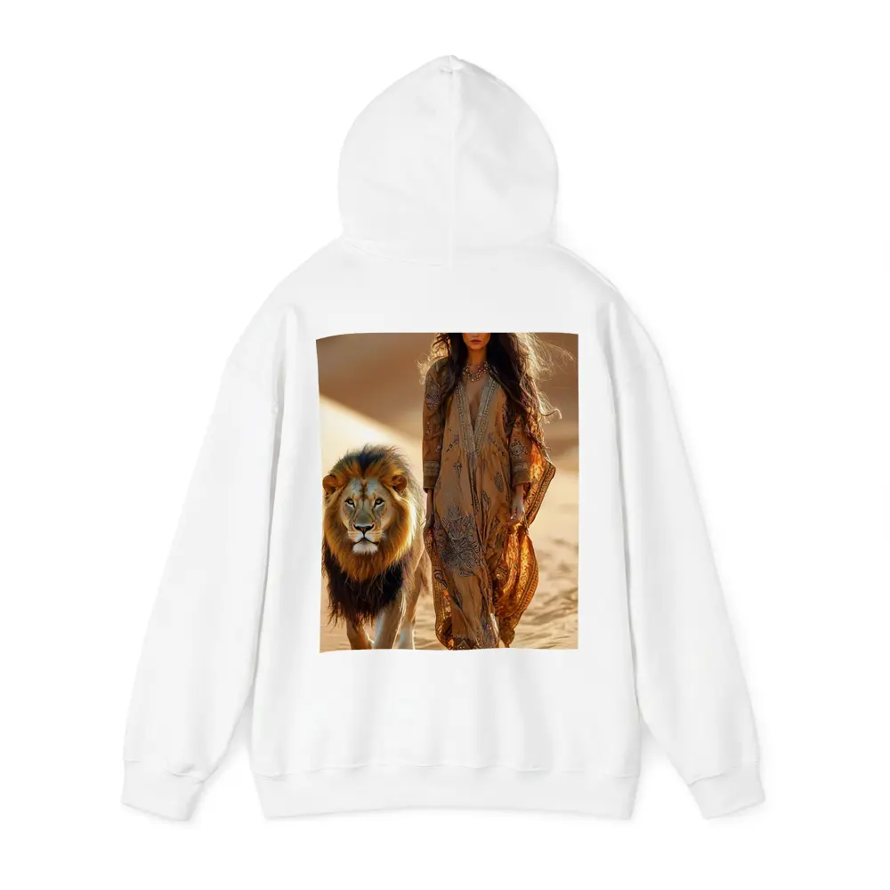 Woman Walking With Lion In Desert – Hoodies