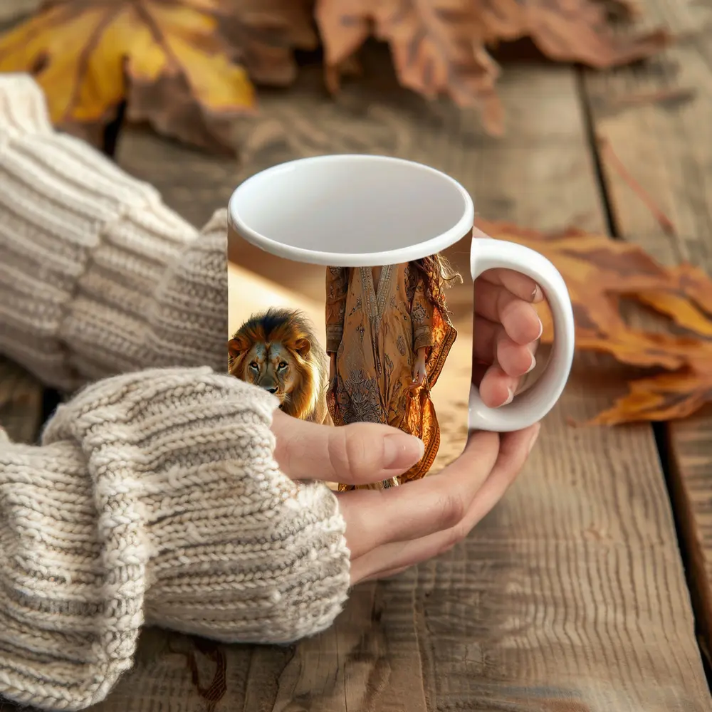 Woman Walking With Lion In Desert – Mugs
