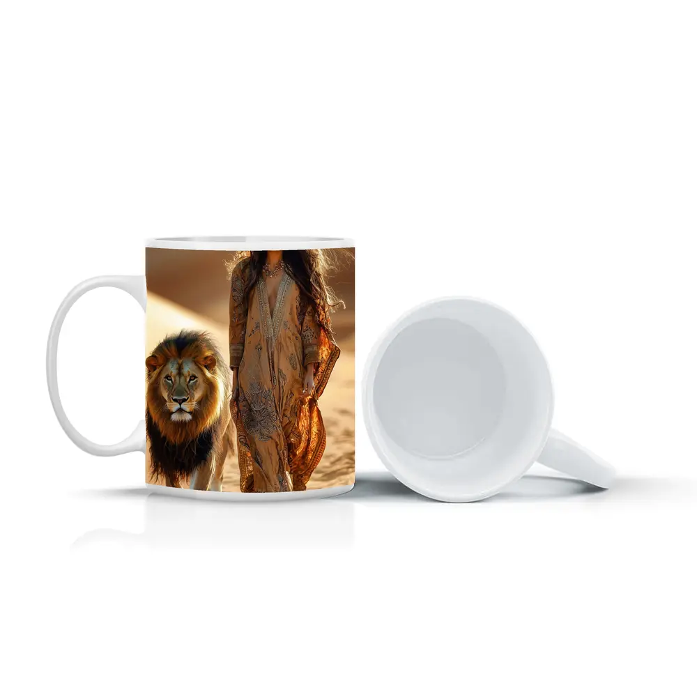 Woman Walking With Lion In Desert – Mugs