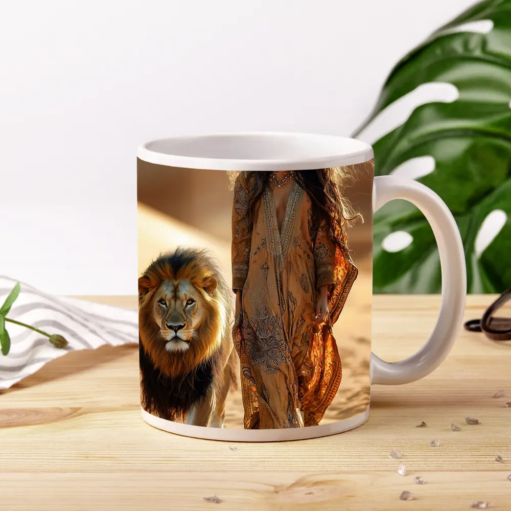 Woman Walking With Lion In Desert – Mugs