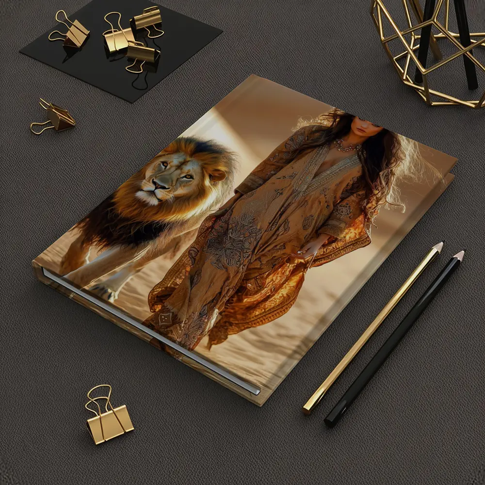 Woman Walking With Lion In Desert – Notebooks