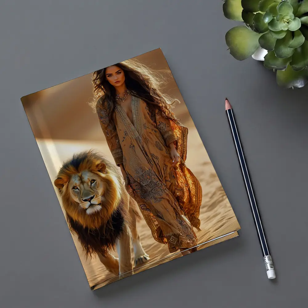 Woman Walking With Lion In Desert – Notebooks