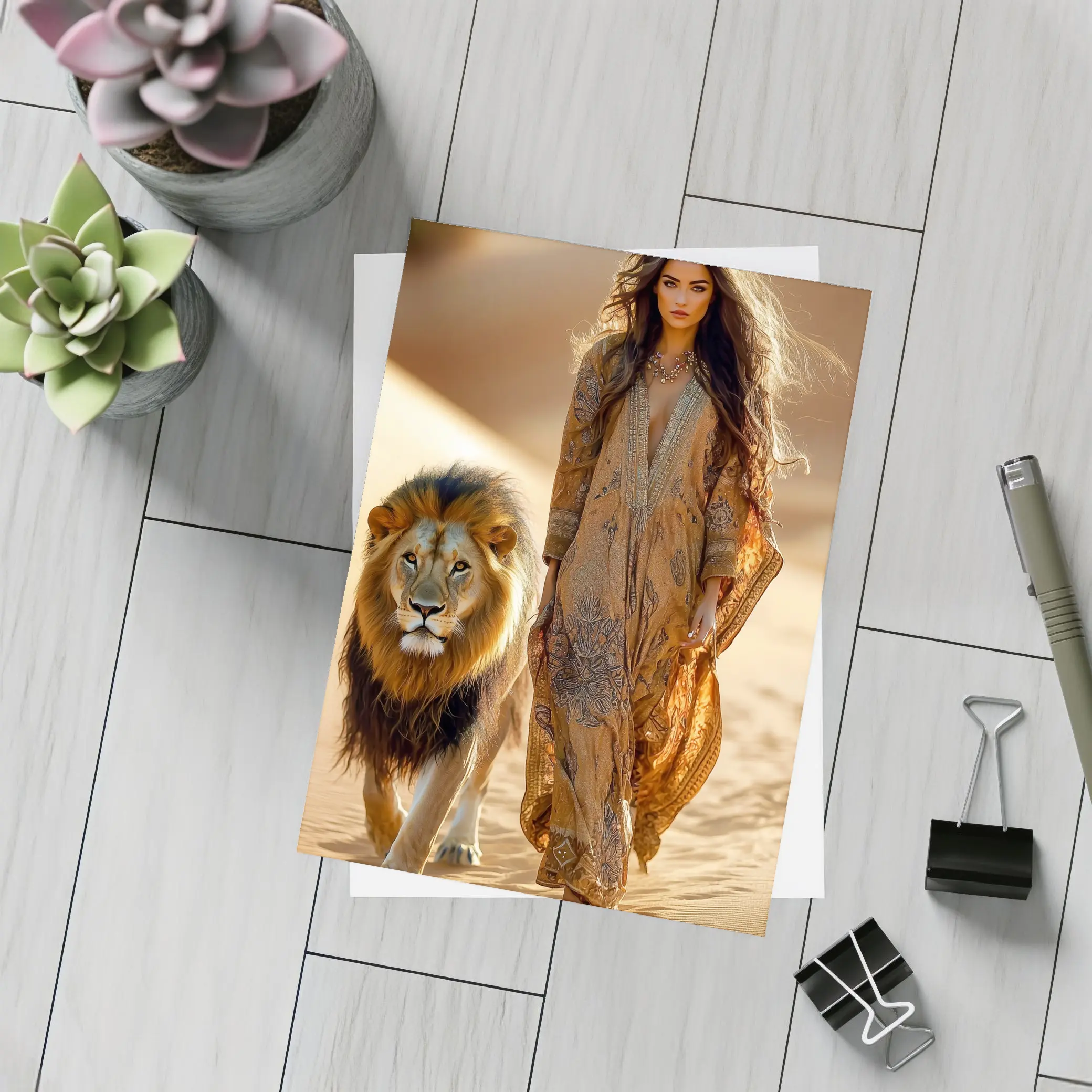 Woman Walking With Lion In Desert – Postcards