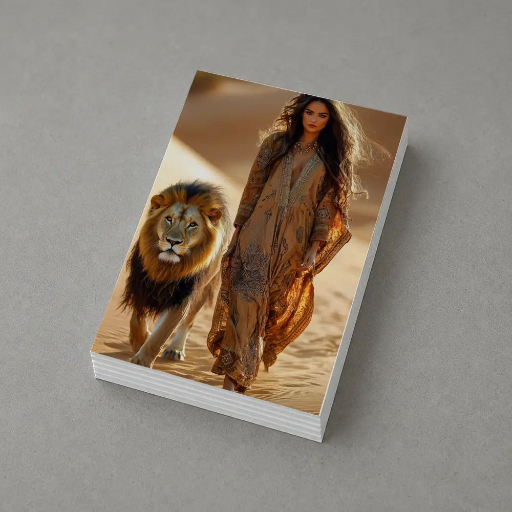 Woman Walking With Lion In Desert – Postcards