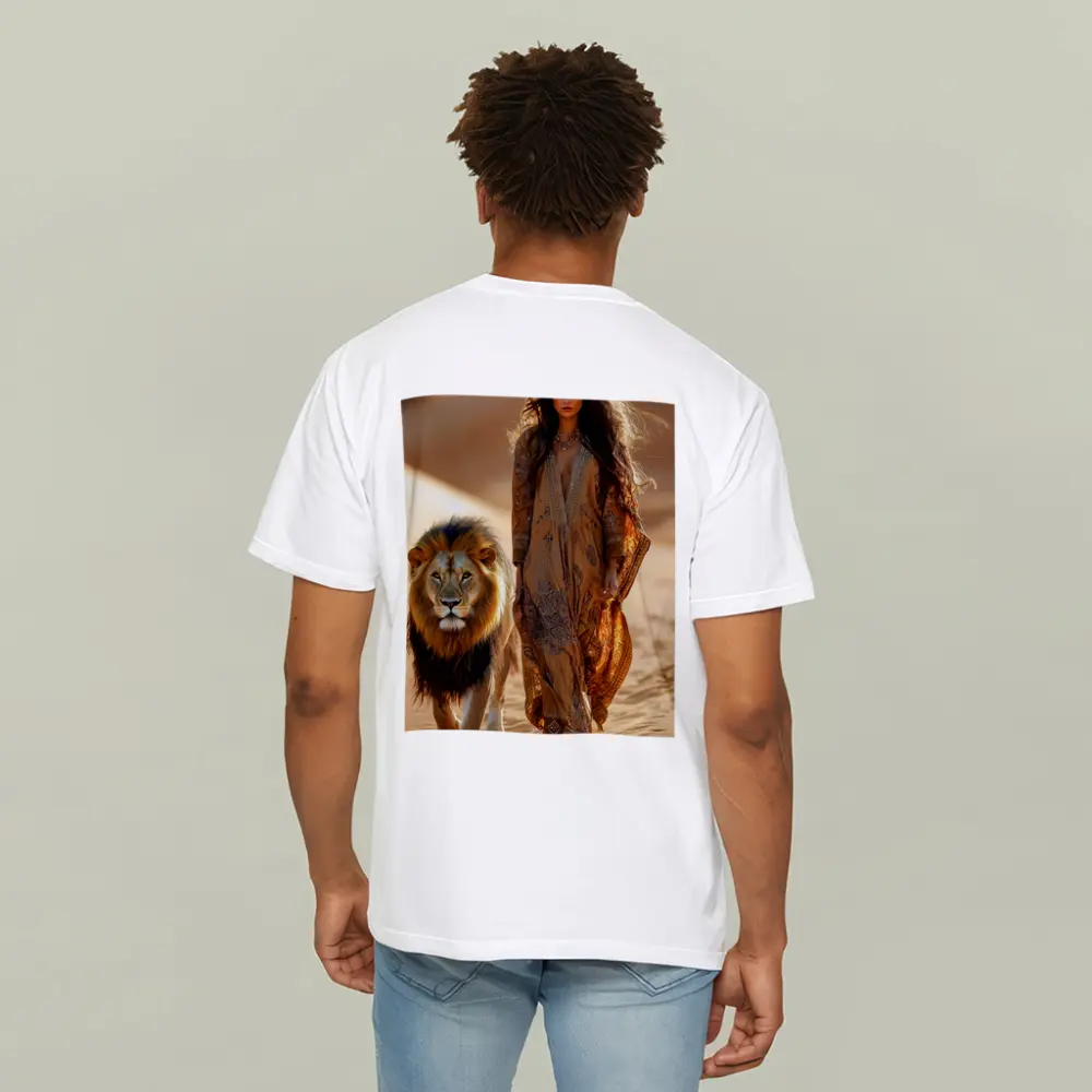 Woman Walking With Lion In Desert – T-Shirts