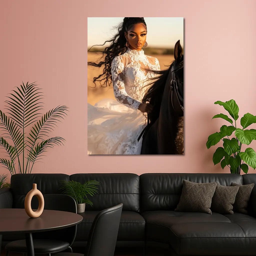 Woman in White Lace Dress Riding Horse – Wall Art