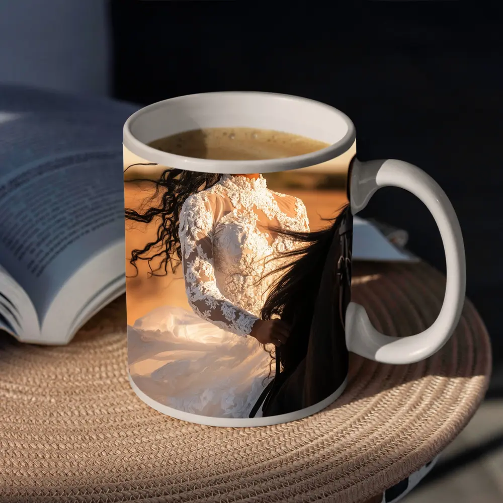 Woman in White Lace Dress Riding Horse – Mugs
