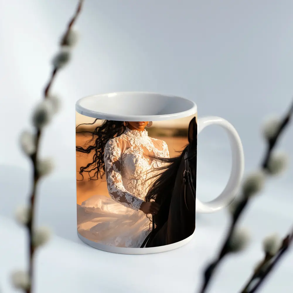 Woman in White Lace Dress Riding Horse – Mugs