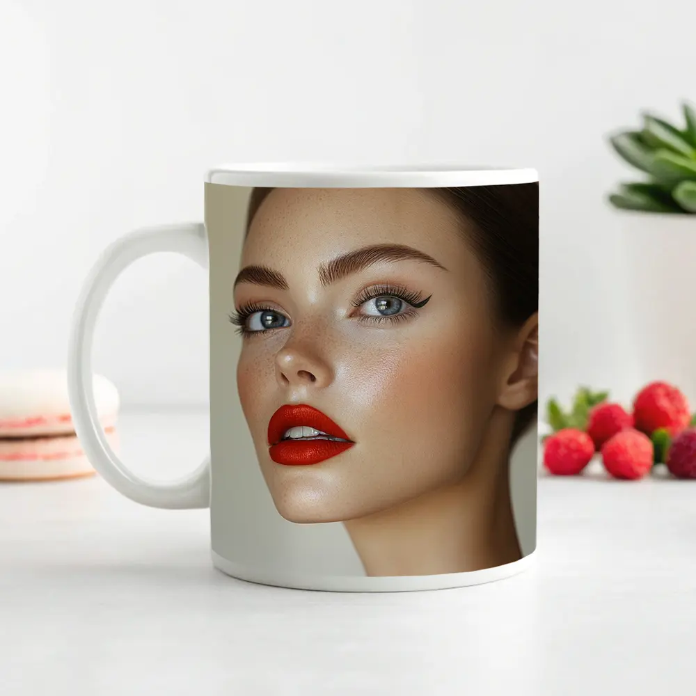 Woman Red Lips Blue Eyes Portrait – Mugs