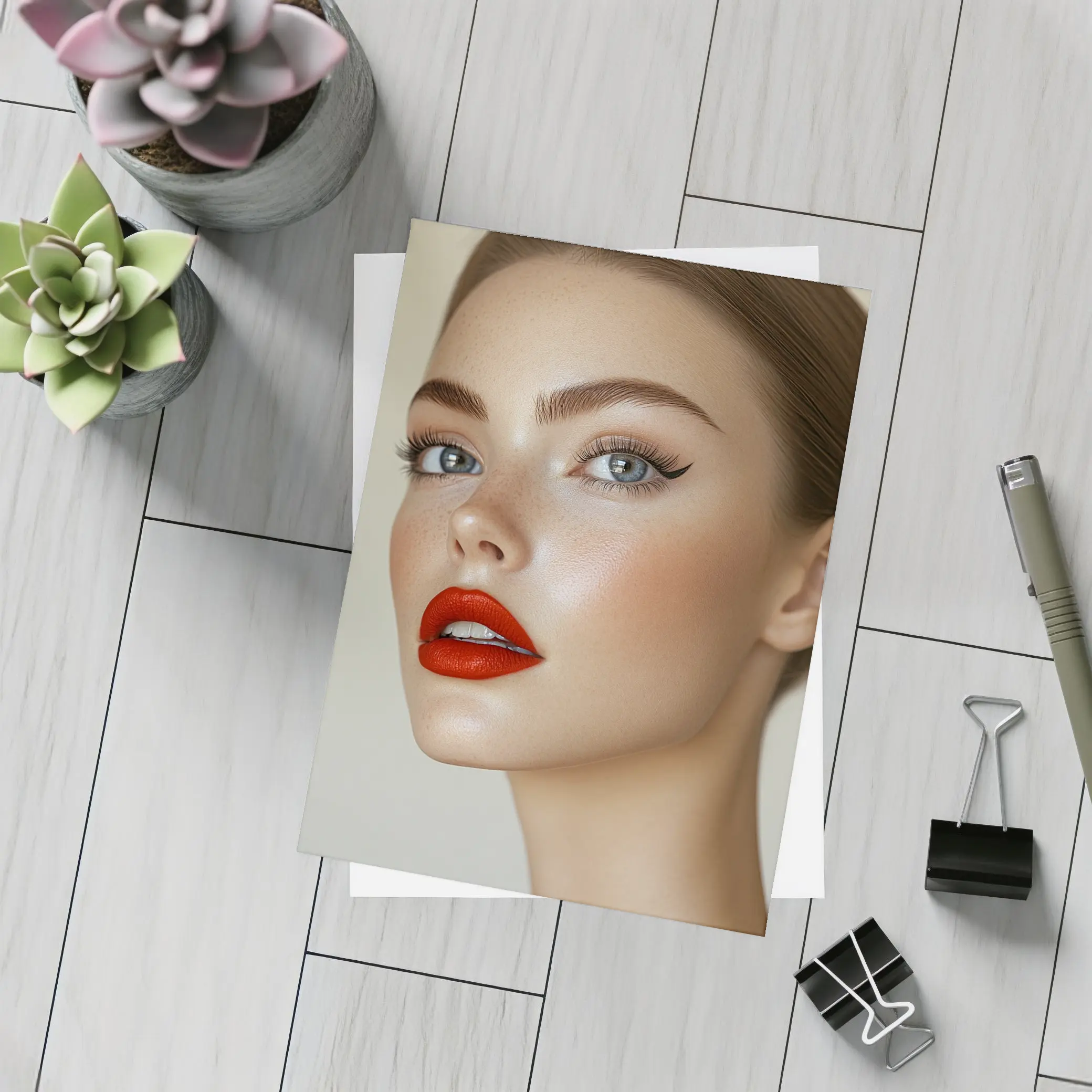 Woman Red Lips Blue Eyes Portrait – Postcards