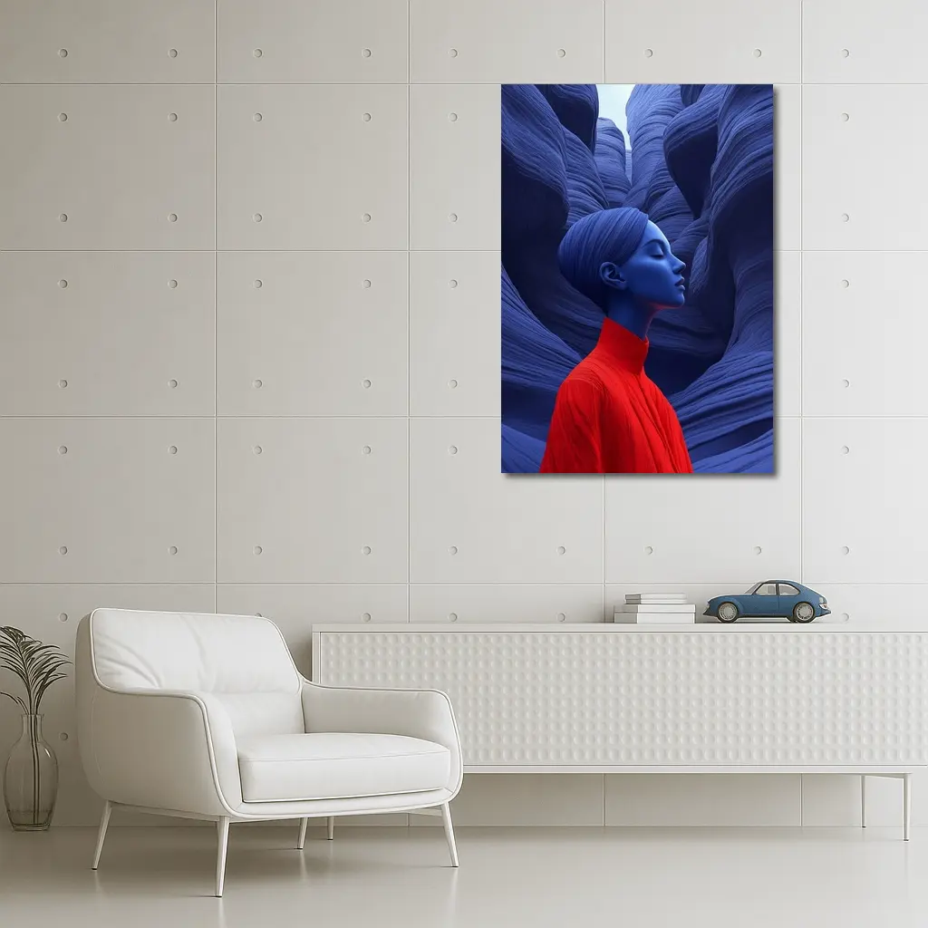 Blue Woman Red Dress Canyon Surreal Art – Wall Art