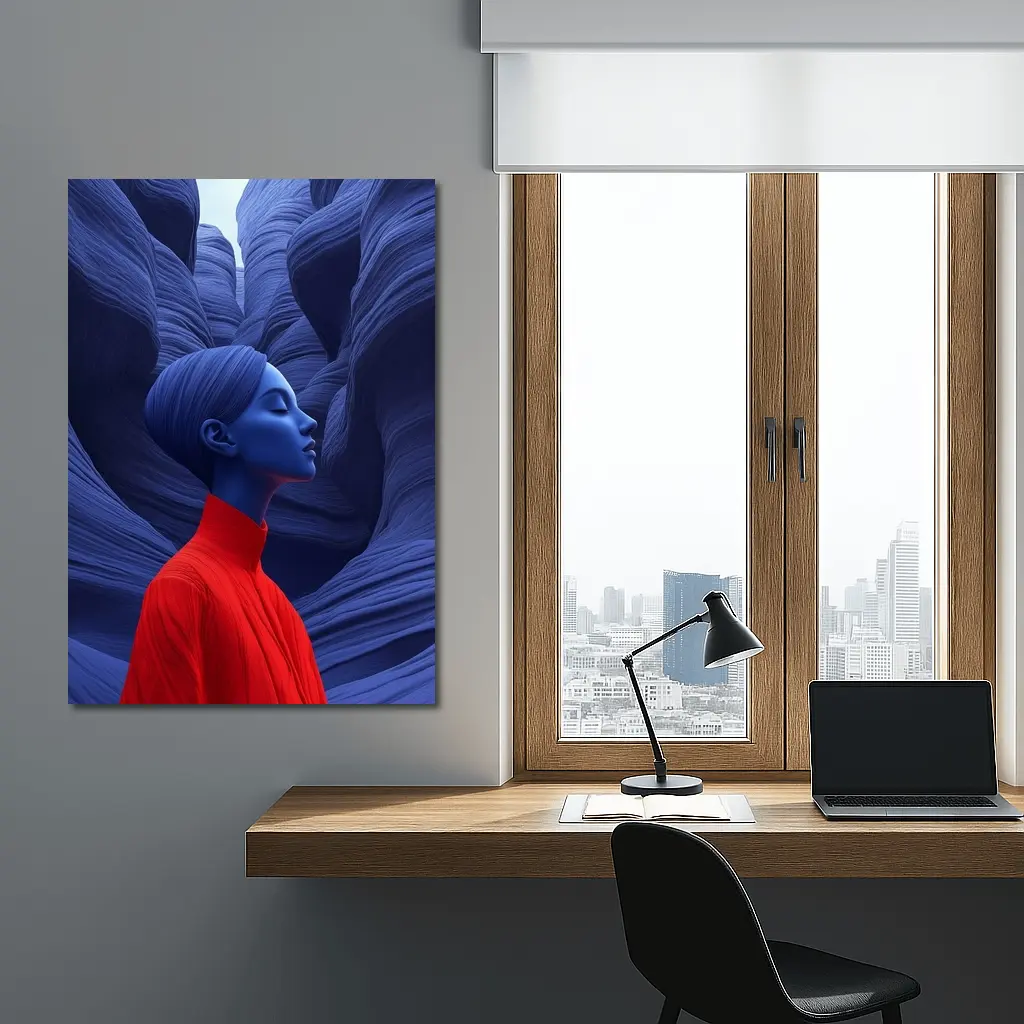 Blue Woman Red Dress Canyon Surreal Art – Wall Art