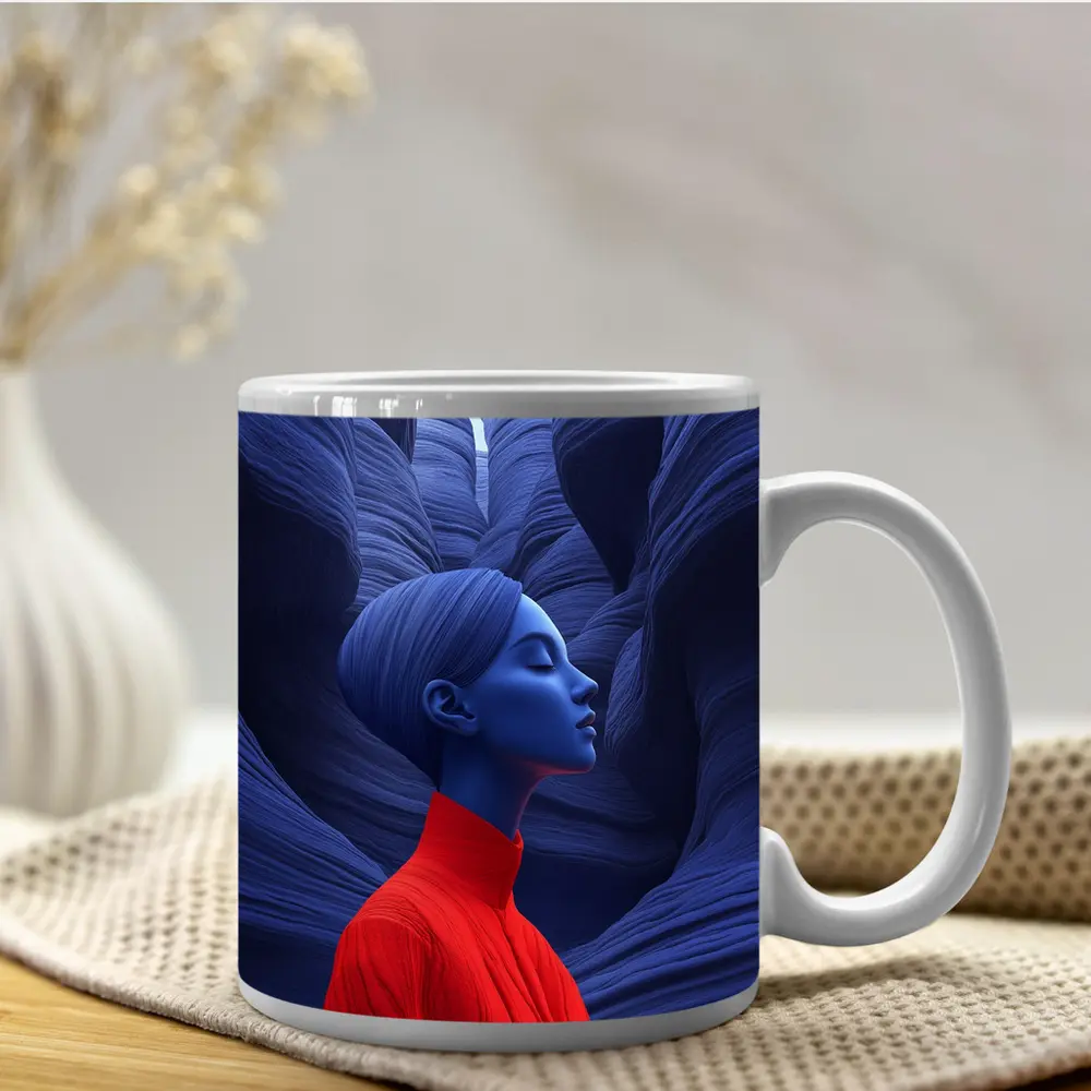 Blue Woman Red Dress Canyon Surreal Art – Mugs