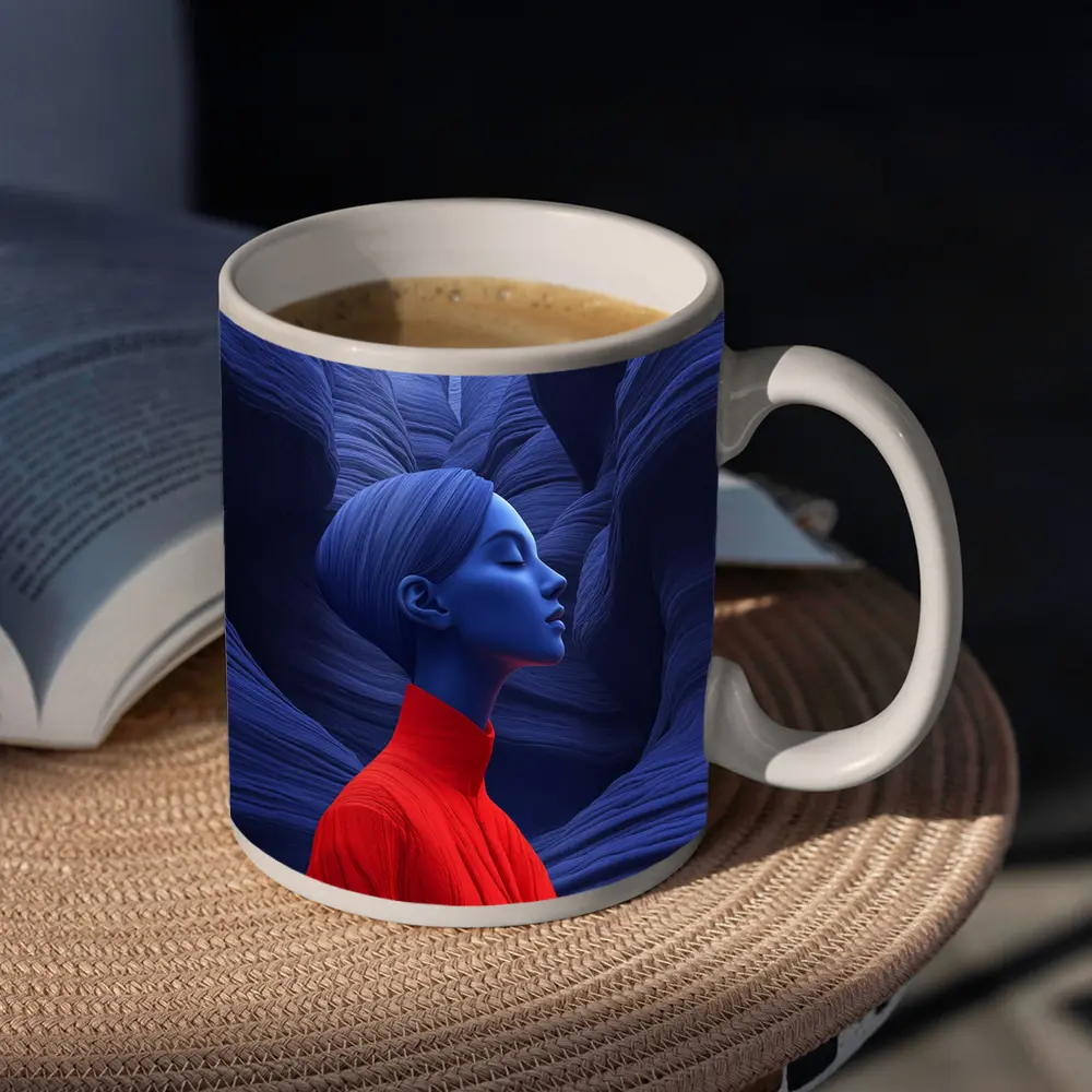 Blue Woman Red Dress Canyon Surreal Art – Mugs