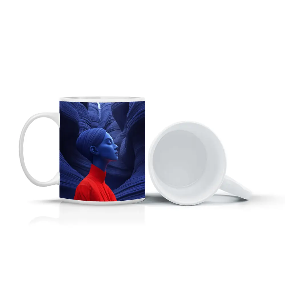 Blue Woman Red Dress Canyon Surreal Art – Mugs