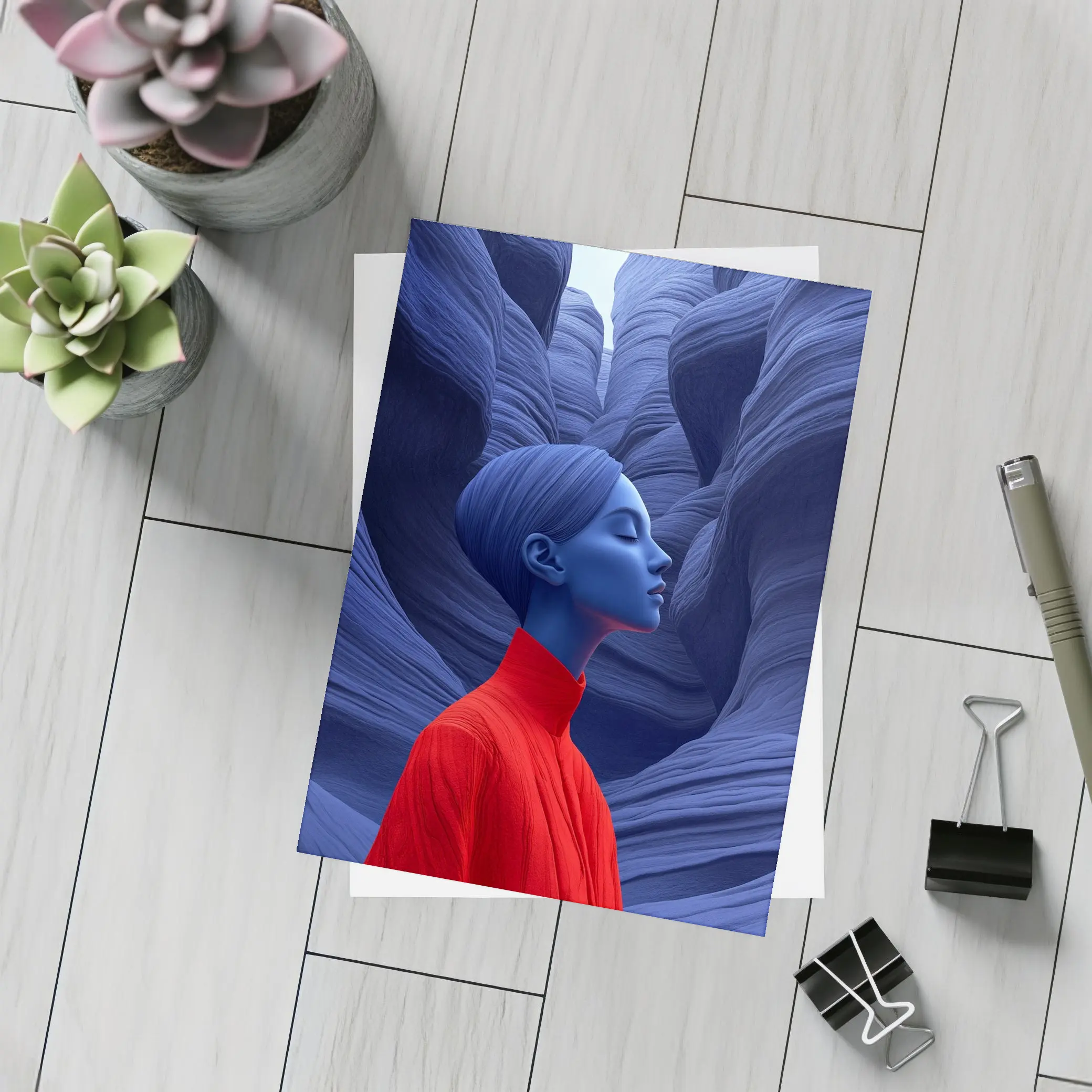 Blue Woman Red Dress Canyon Surreal Art – Postcards