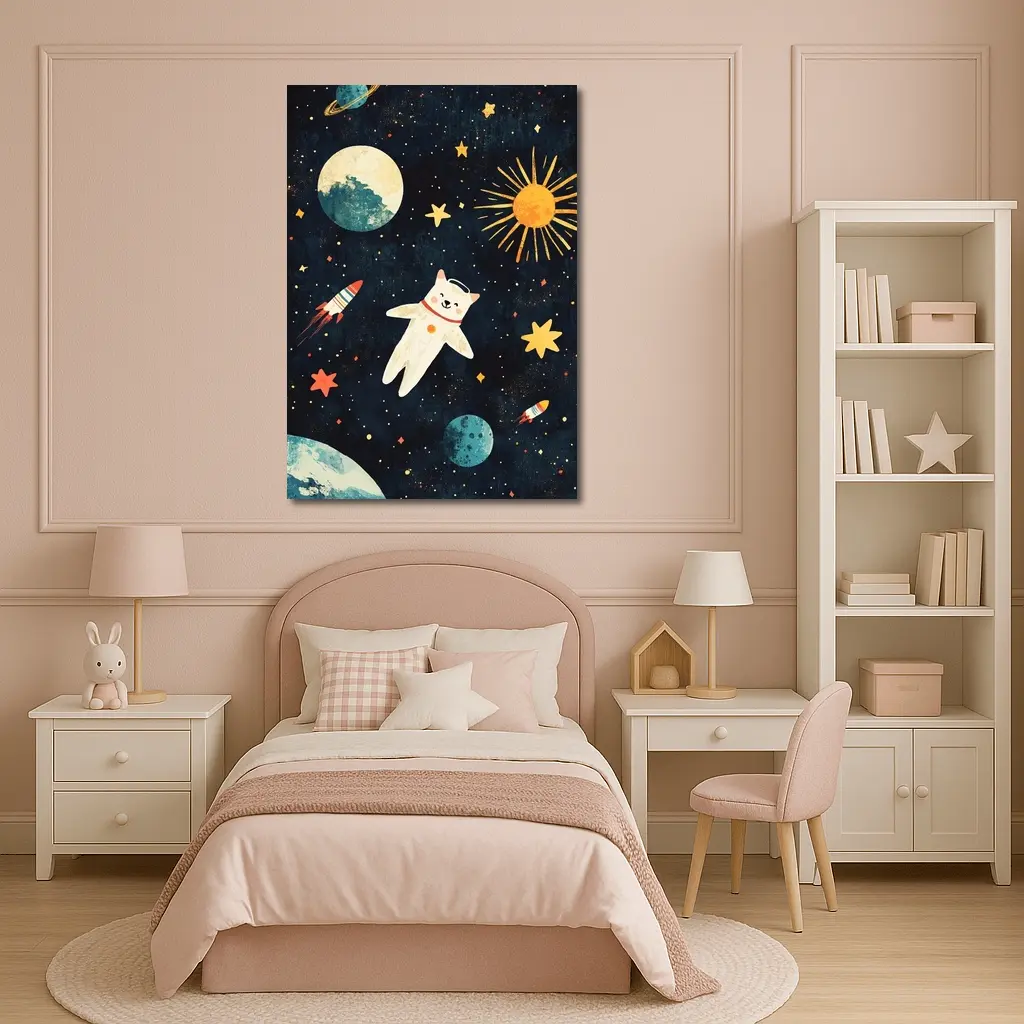 Cute Cat Astronaut Floating In Space – Wall Art