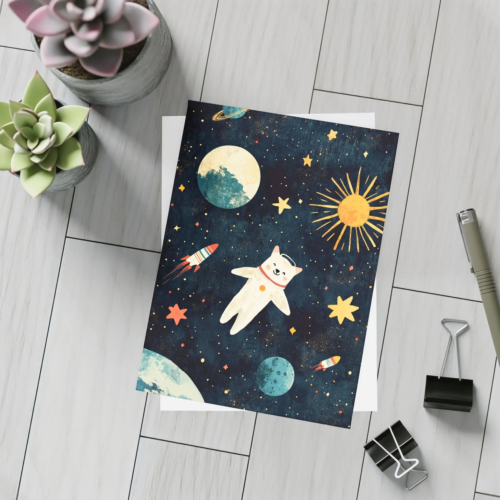 Cute Cat Astronaut Floating In Space – Postcards