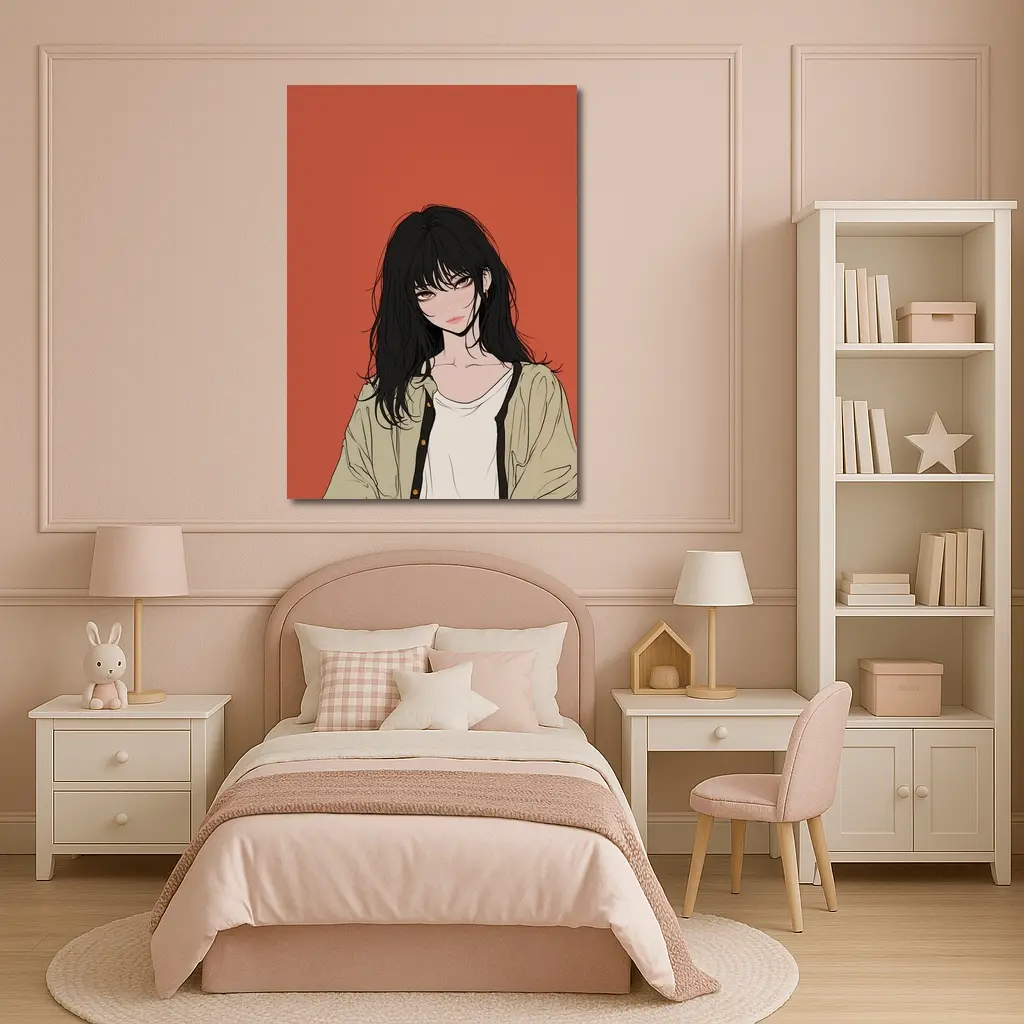 Anime Girl Dark Hair Red Background Art – Wall Art