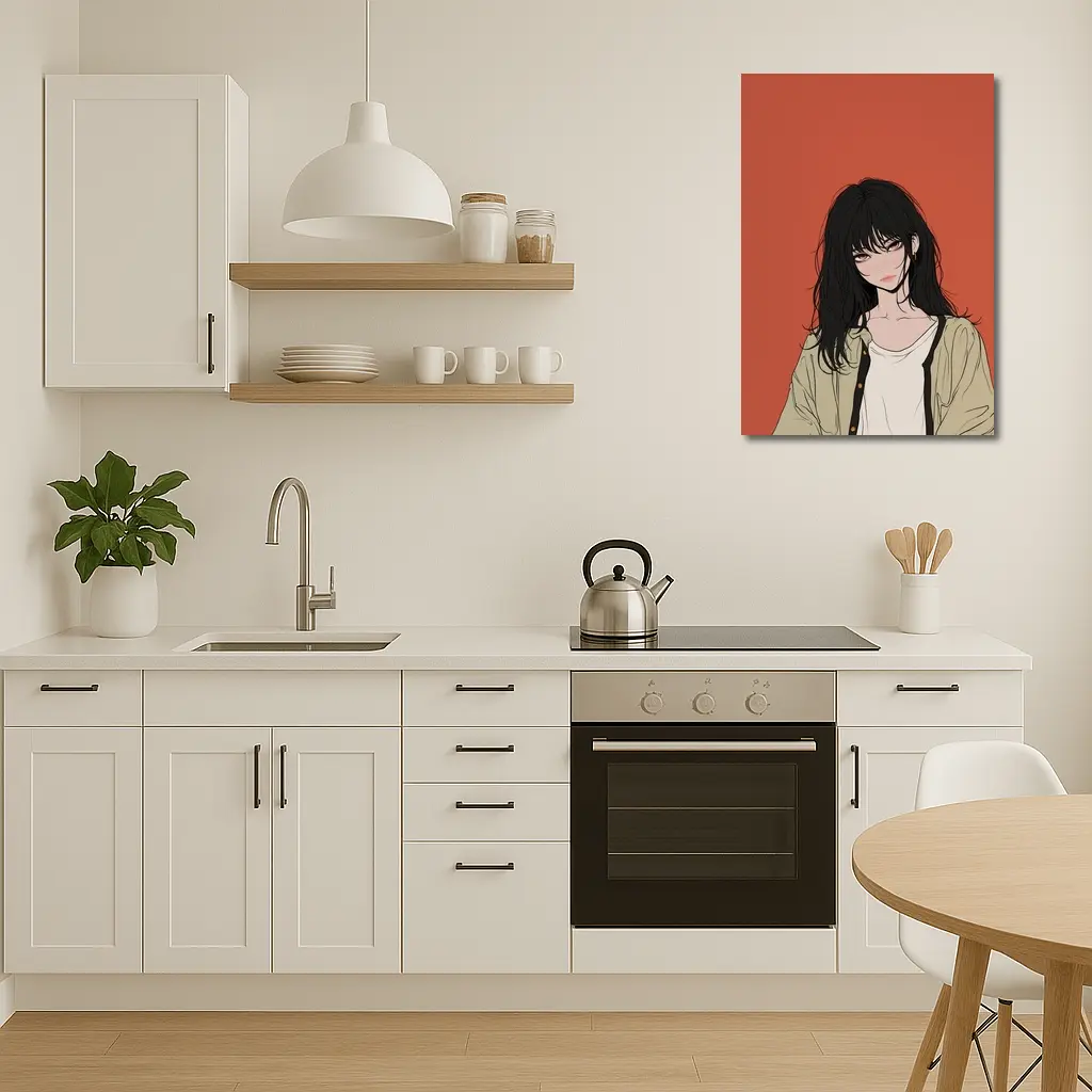 Anime Girl Dark Hair Red Background Art – Wall Art