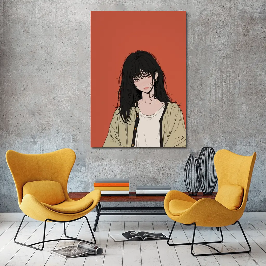 Anime Girl Dark Hair Red Background Art – Wall Art