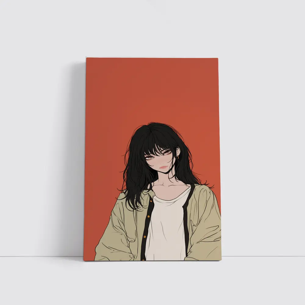 Anime Girl Dark Hair Red Background Art – Wall Art