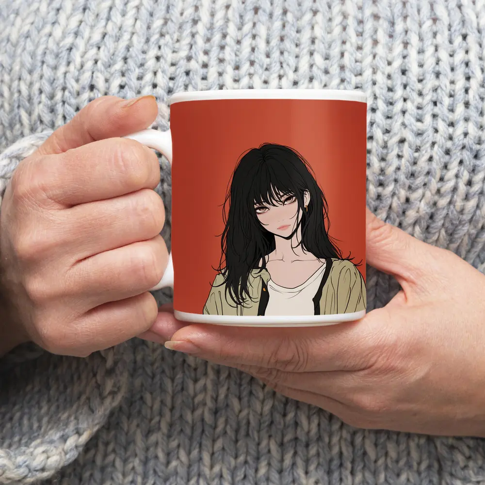 Anime Girl Dark Hair Red Background Art – Mugs