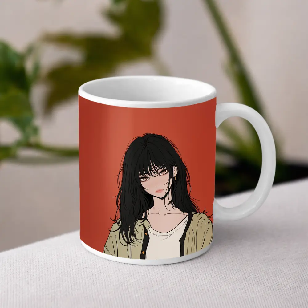 Anime Girl Dark Hair Red Background Art – Mugs