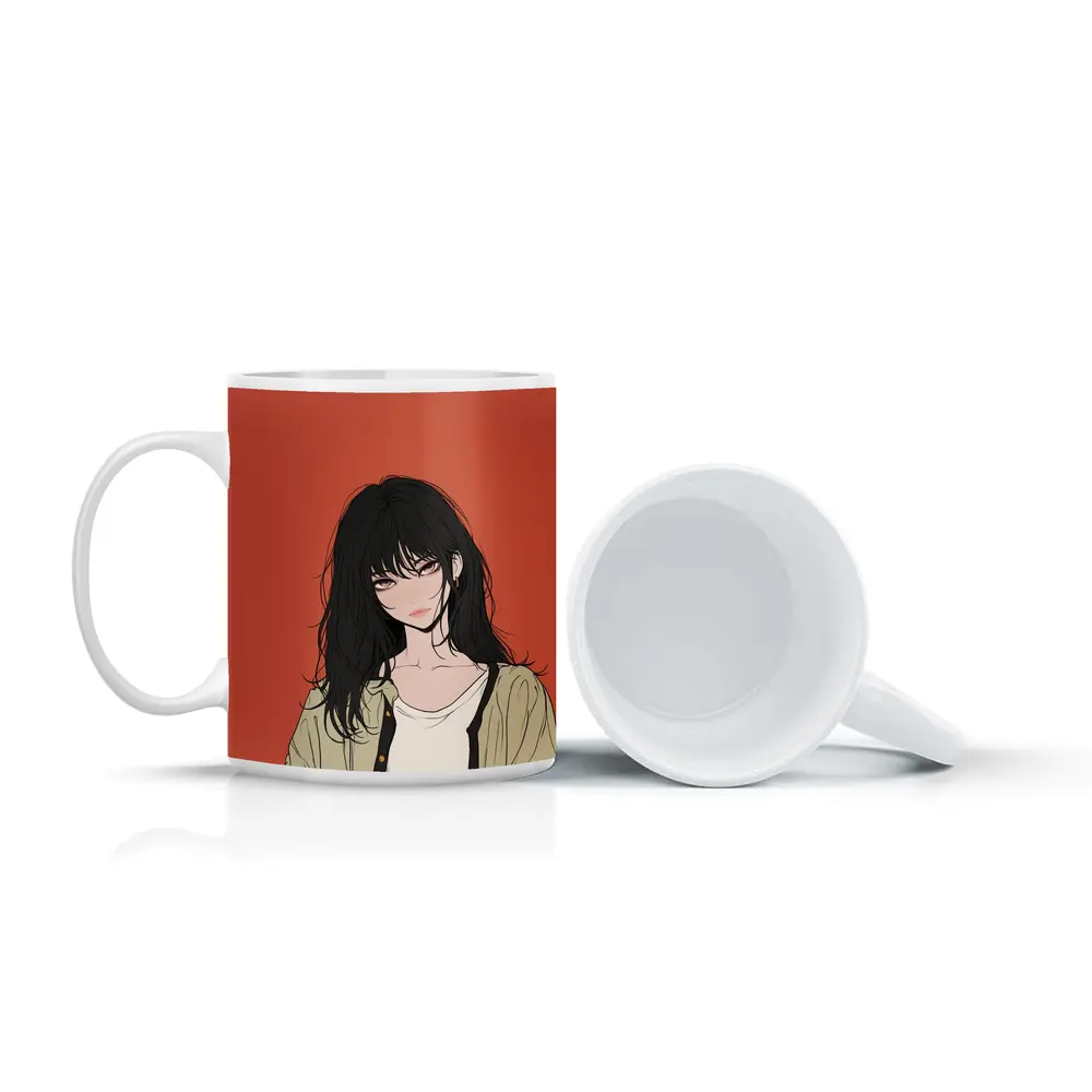 Anime Girl Dark Hair Red Background Art – Mugs