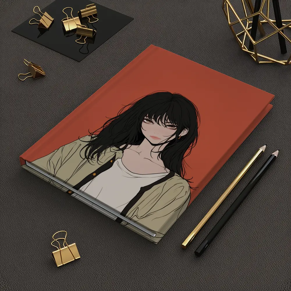 Anime Girl Dark Hair Red Background Art – Notebooks
