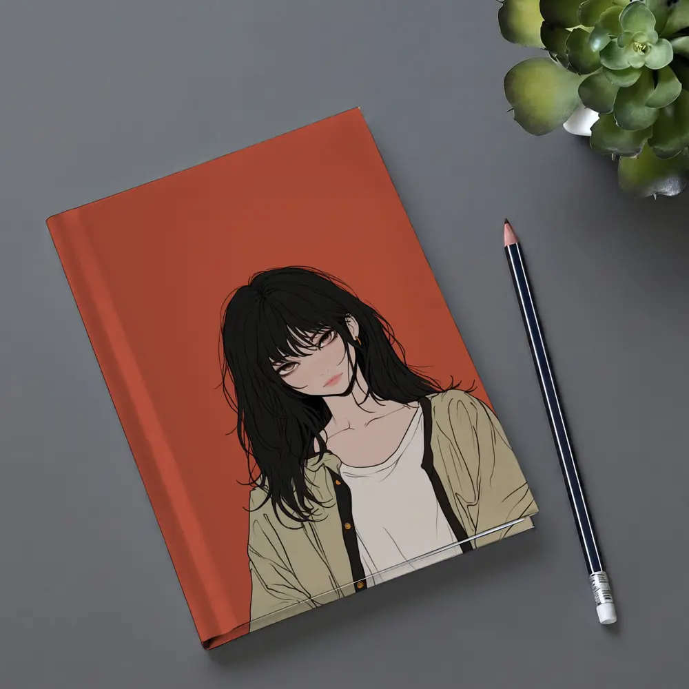 Anime Girl Dark Hair Red Background Art – Notebooks