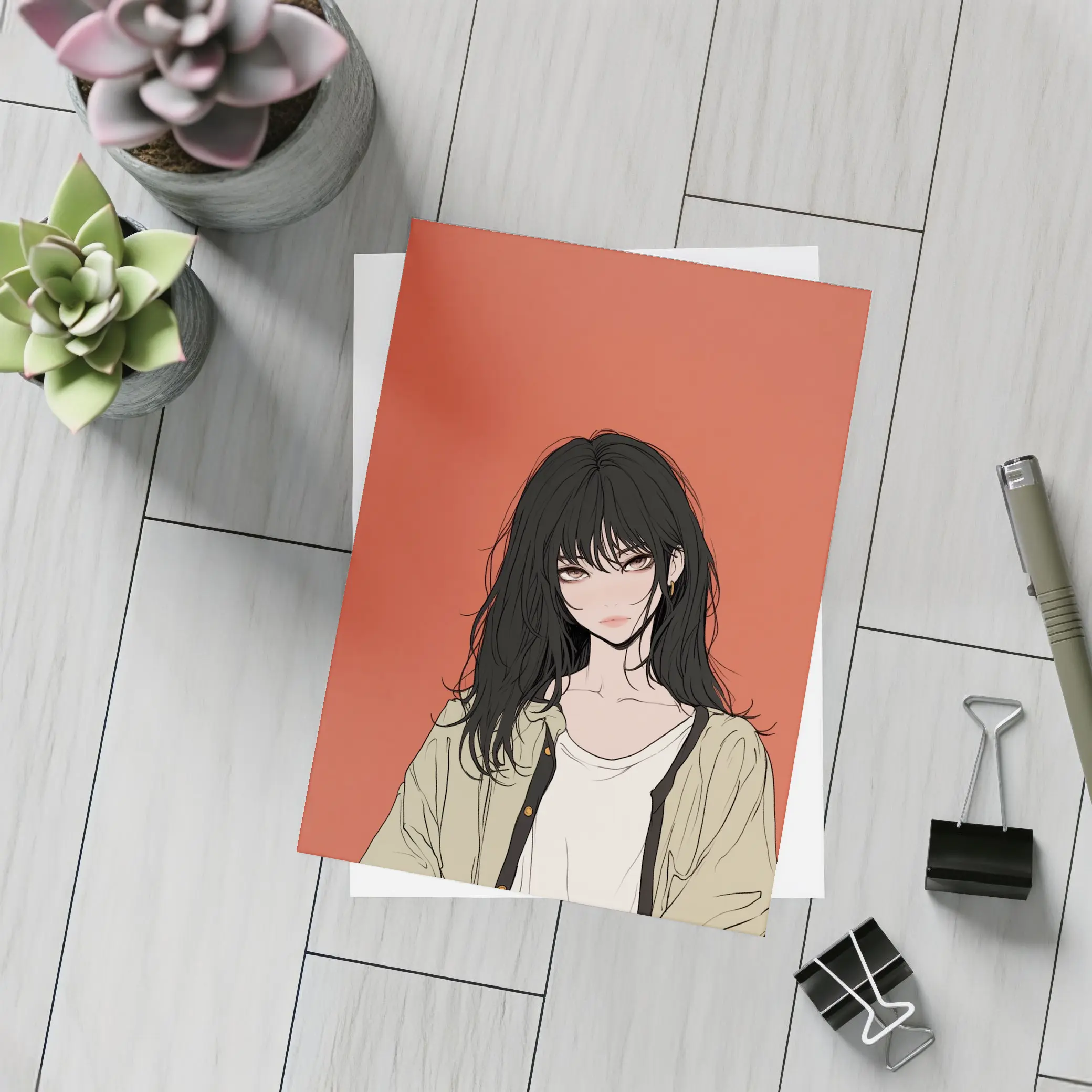 Anime Girl Dark Hair Red Background Art – Postcards