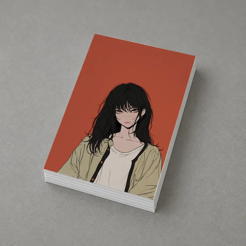 Anime Girl Dark Hair Red Background Art – Postcards
