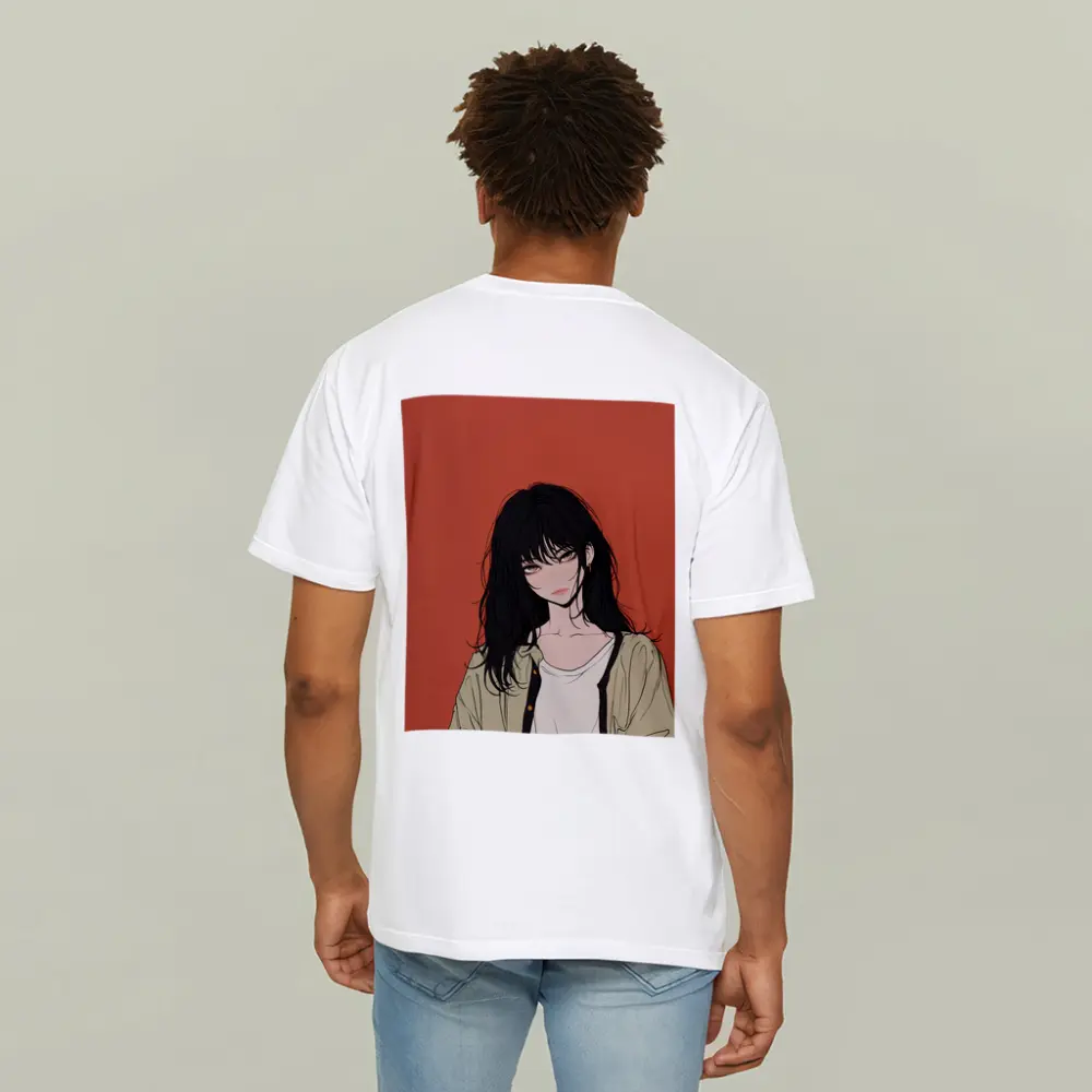 Anime Girl Dark Hair Red Background Art – T-Shirts