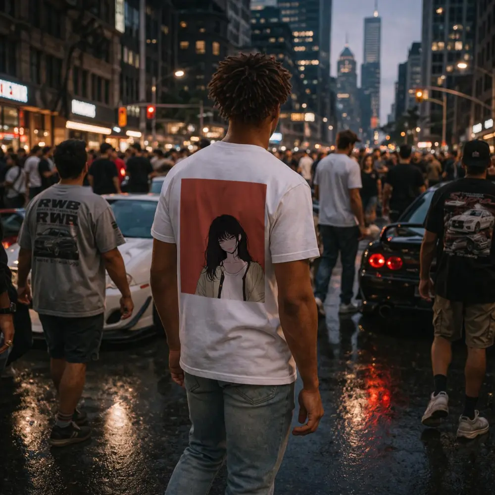 Anime Girl Dark Hair Red Background Art – T-Shirts