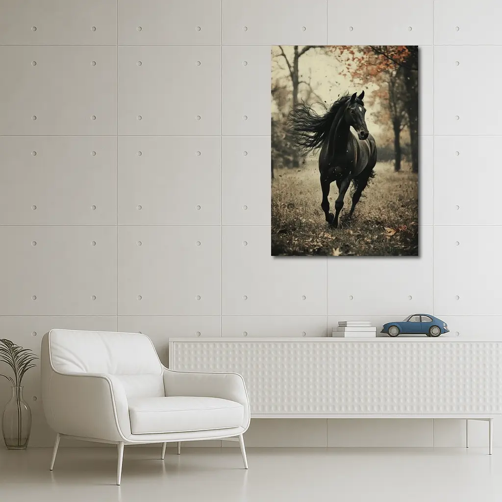 Black Horse Running Through Autumn Forest – Wall Art