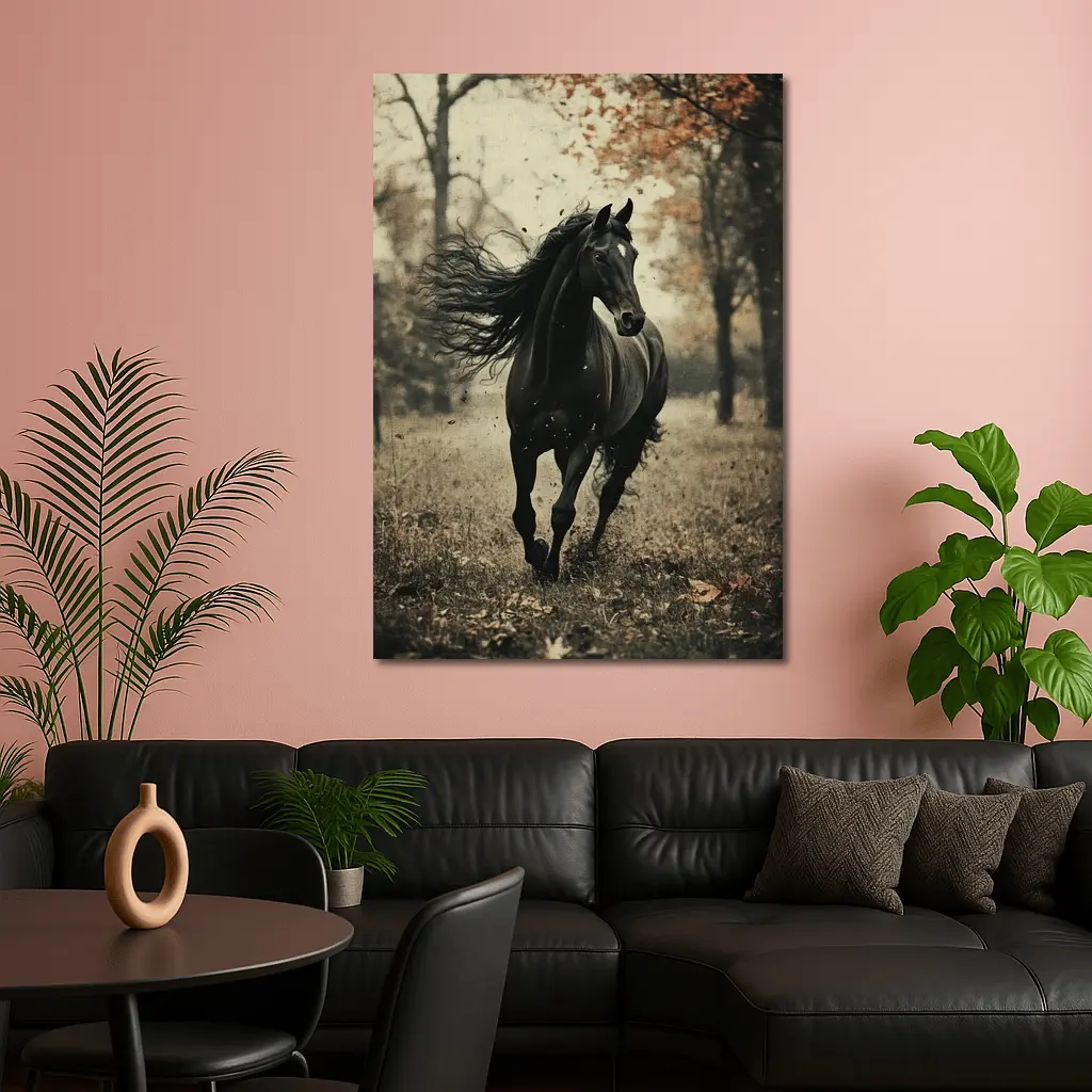 Black Horse Running Through Autumn Forest – Wall Art