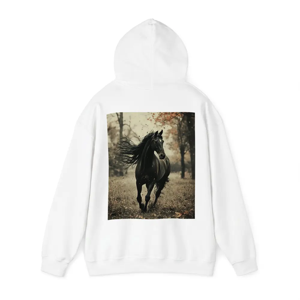 Black Horse Running Through Autumn Forest – Hoodies