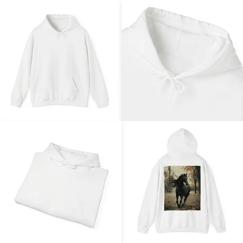 Black Horse Running Through Autumn Forest – Hoodies