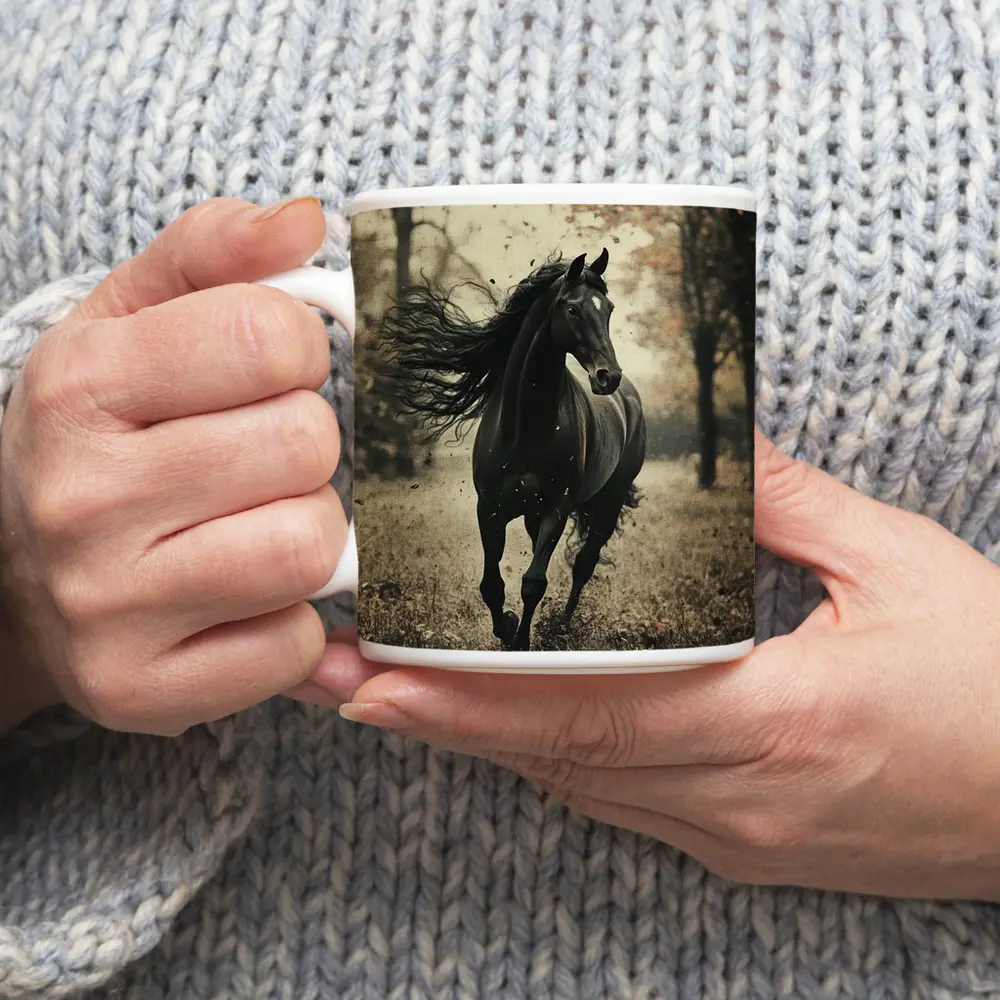 Black Horse Running Through Autumn Forest – Mugs