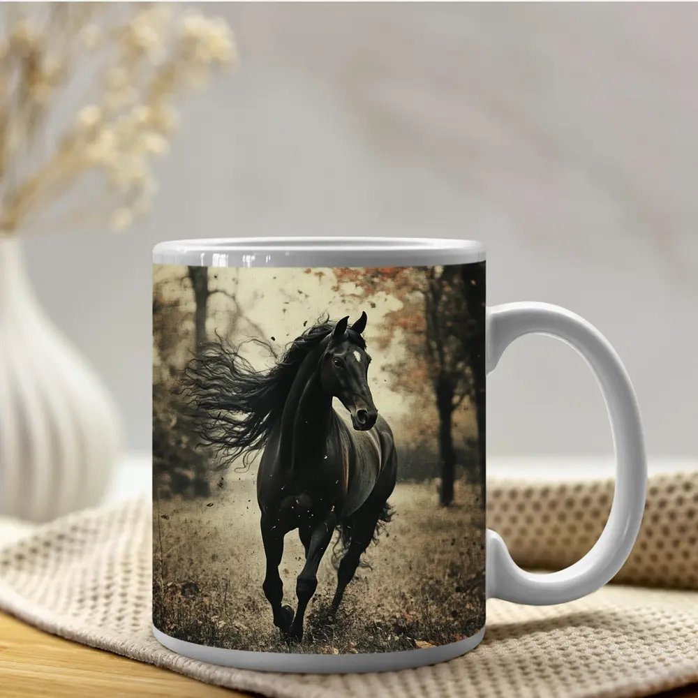 Black Horse Running Through Autumn Forest – Mugs