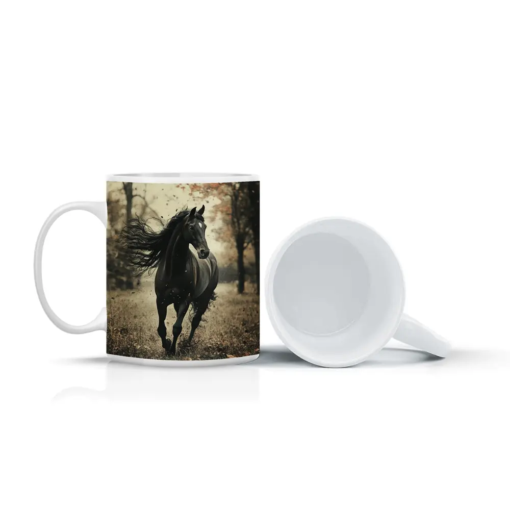 Black Horse Running Through Autumn Forest – Mugs