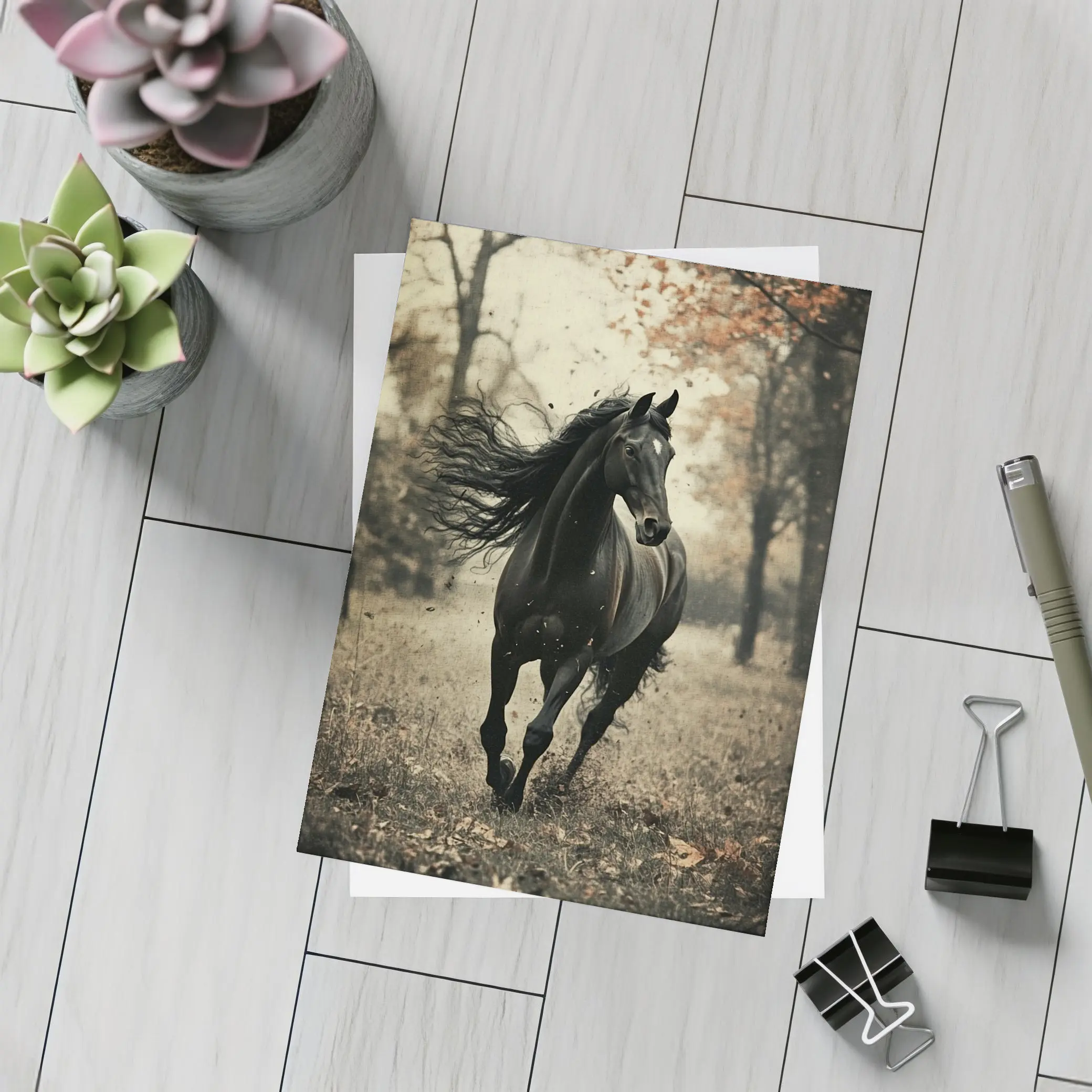 Black Horse Running Through Autumn Forest – Postcards