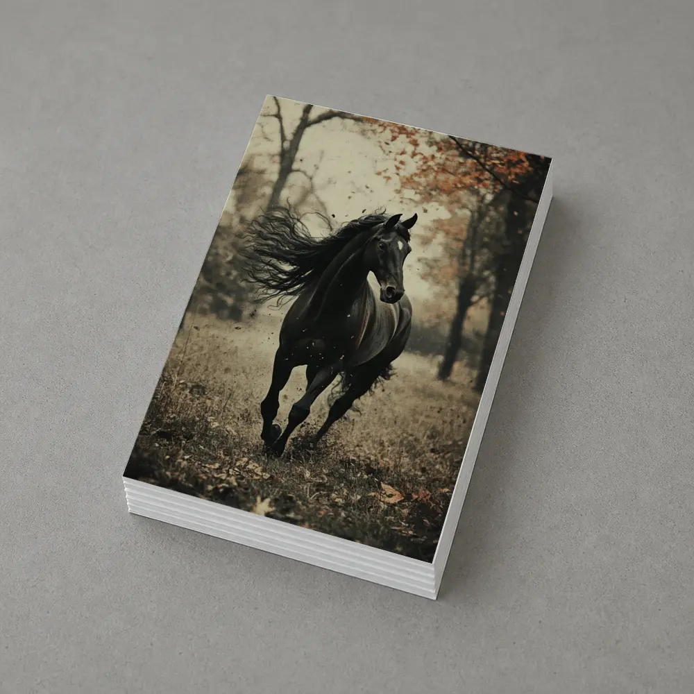 Black Horse Running Through Autumn Forest – Postcards