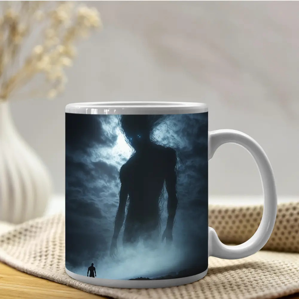 Giant Dark Figure Looming Over Small Man – Mugs