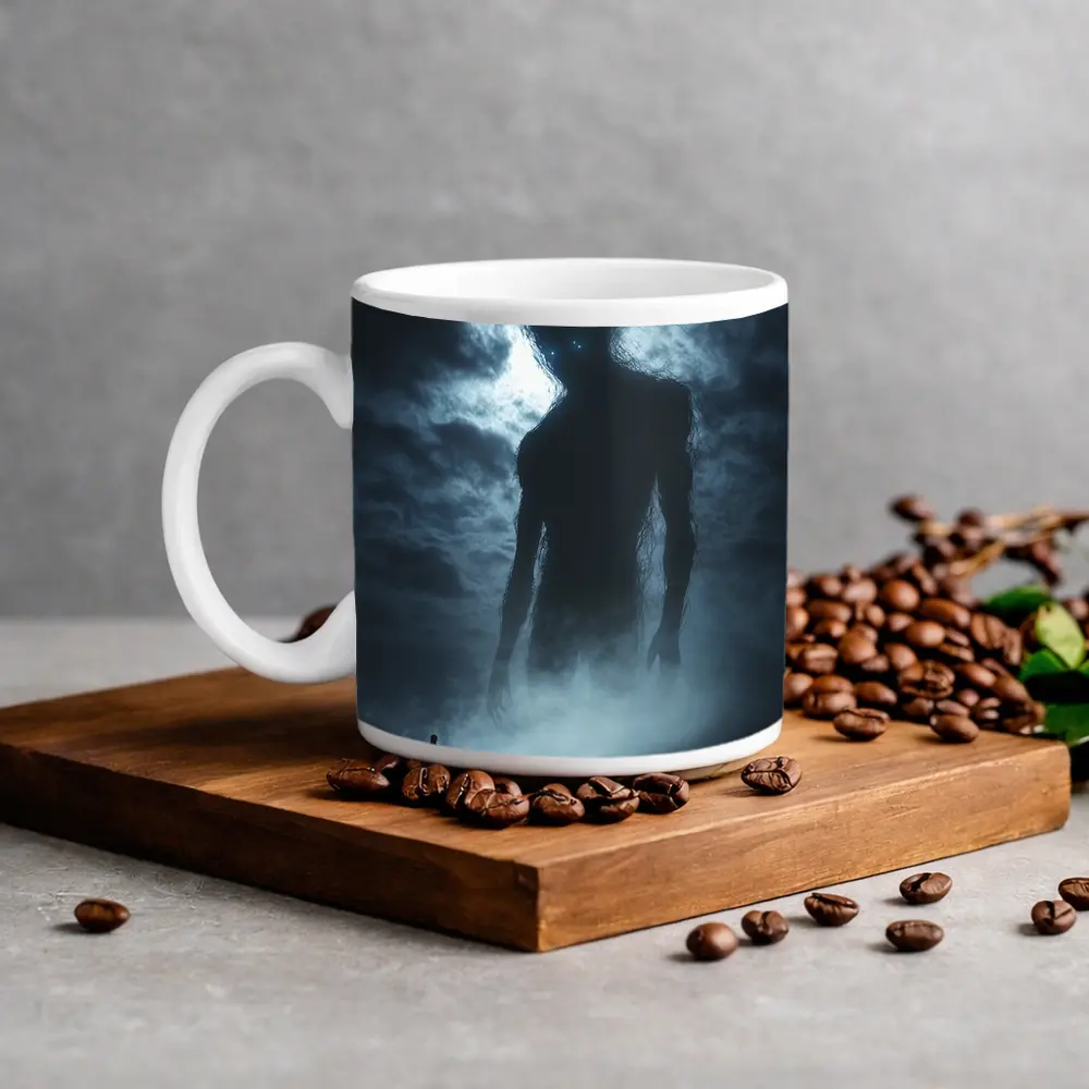 Giant Dark Figure Looming Over Small Man – Mugs