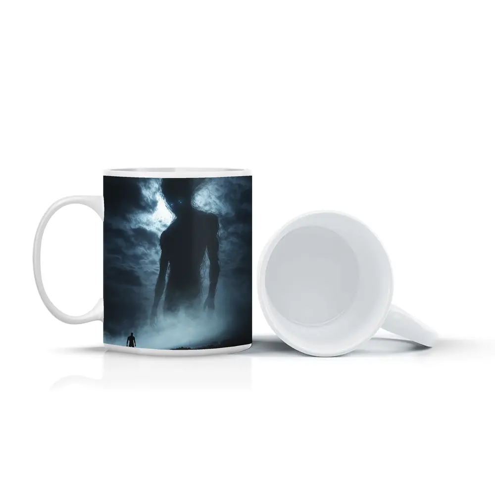 Giant Dark Figure Looming Over Small Man – Mugs